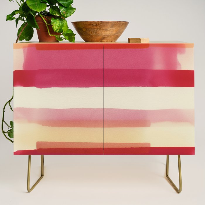 Watercolor Stripe Pattern in Warm Red Pink and Cream Credenza Gallery Image 1