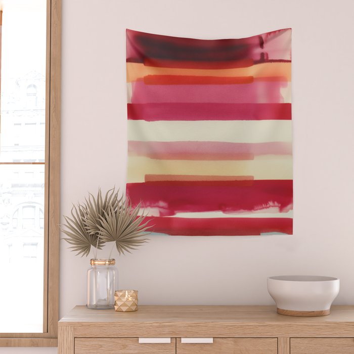 Watercolor Stripe Pattern in Warm Red Pink and Cream Wall Tapestry Gallery Image 2