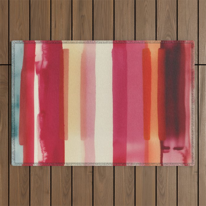 Watercolor Stripe Pattern in Warm Red Pink and Cream Outdoor Rug Gallery Image 1