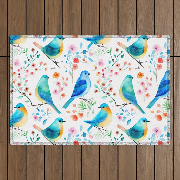 Birds and botanical flowers in a seamless pattern Outdoor Rug Gallery Image 1