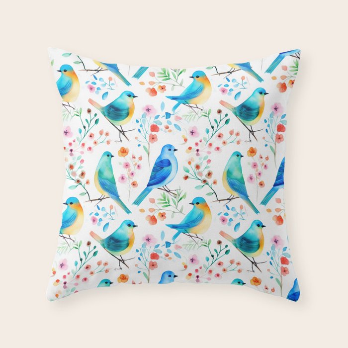 Birds and botanical flowers in a seamless pattern Throw Pillow Gallery Image 6