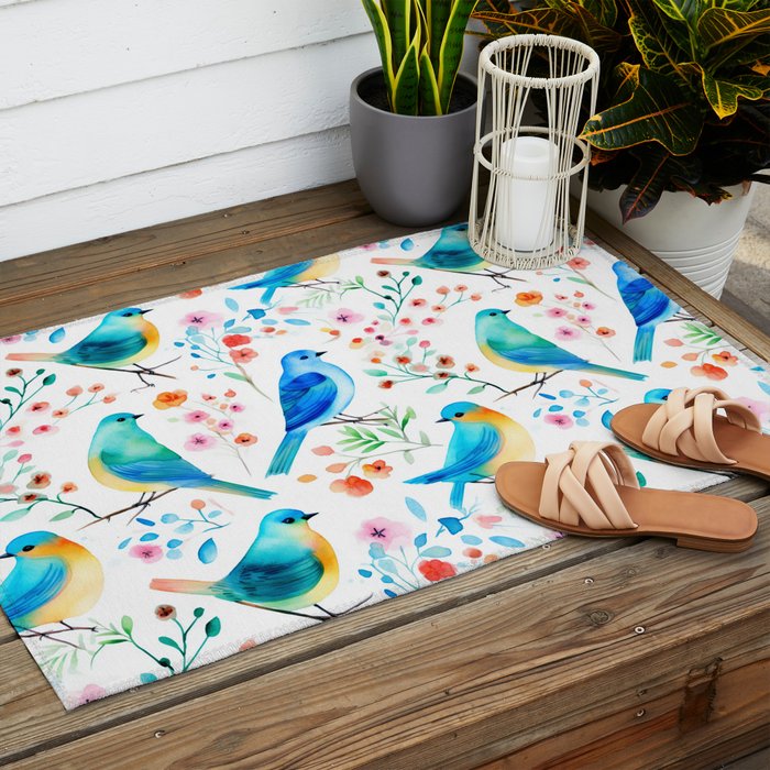 Birds and botanical flowers in a seamless pattern Outdoor Rug Gallery Image 2