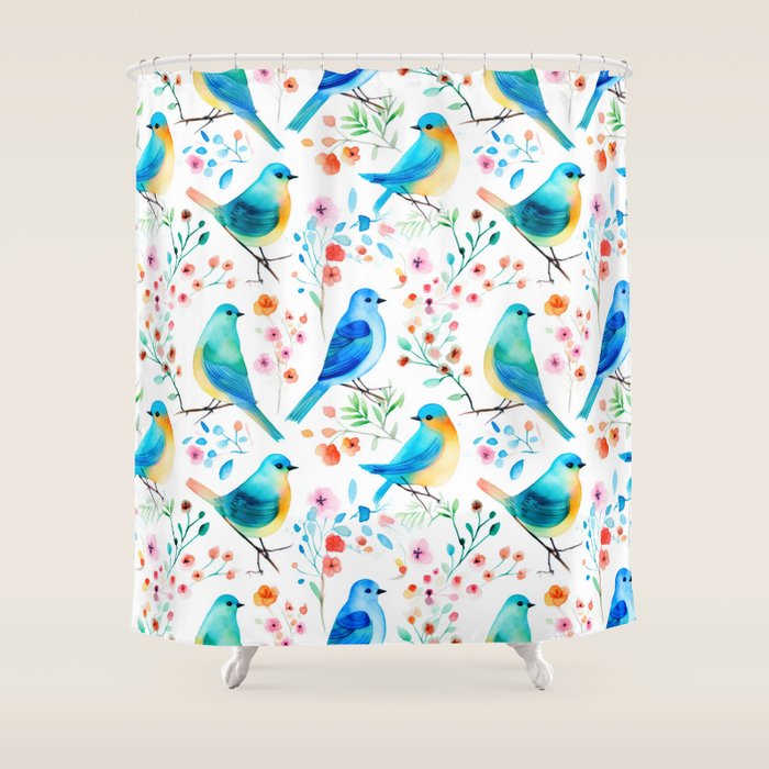 Birds and botanical flowers in a seamless pattern Shower Curtain Gallery Image 1