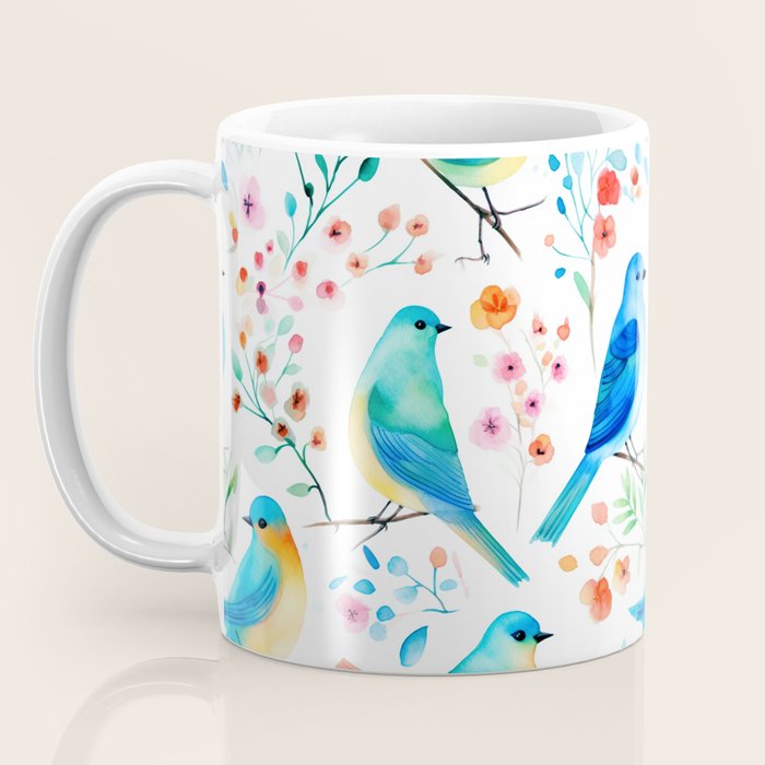 Birds and botanical flowers in a seamless pattern Coffee Mug Gallery Image 3