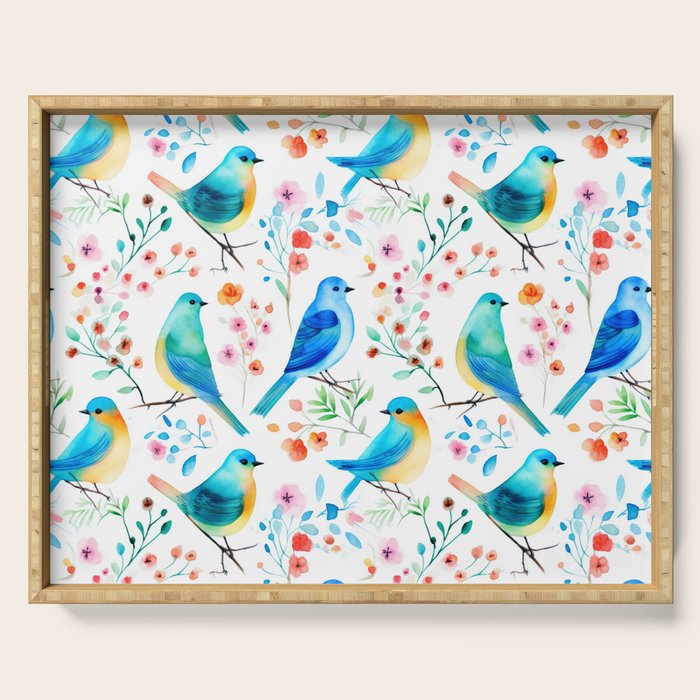 Birds and botanical flowers in a seamless pattern Serving Tray Gallery Image 1
