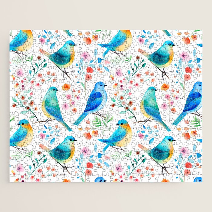 Birds and botanical flowers in a seamless pattern Jigsaw Puzzle Gallery Image 1