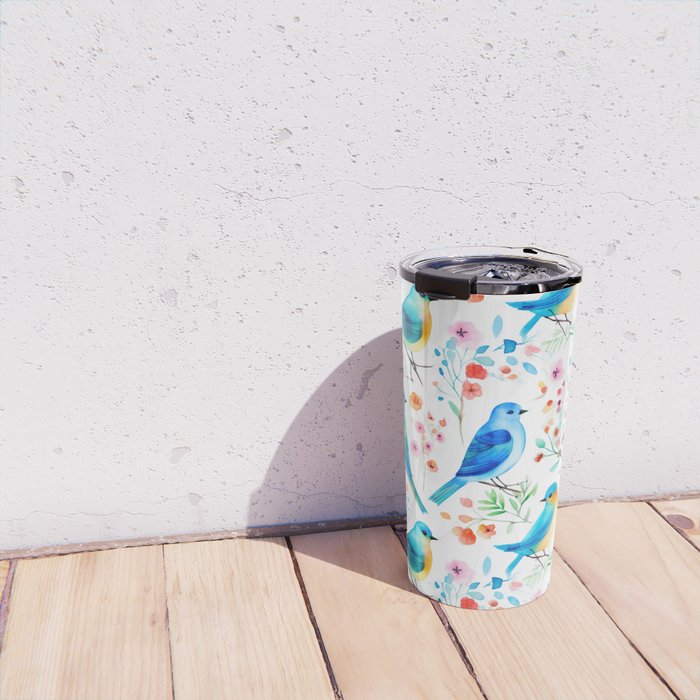 Birds and botanical flowers in a seamless pattern Travel Mug Gallery Image 4