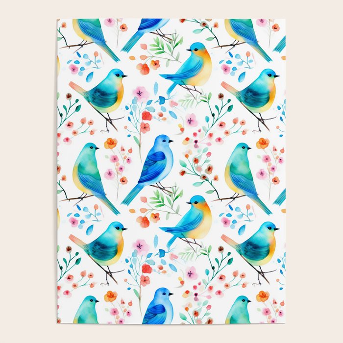 Birds and botanical flowers in a seamless pattern Poster Gallery Image 1