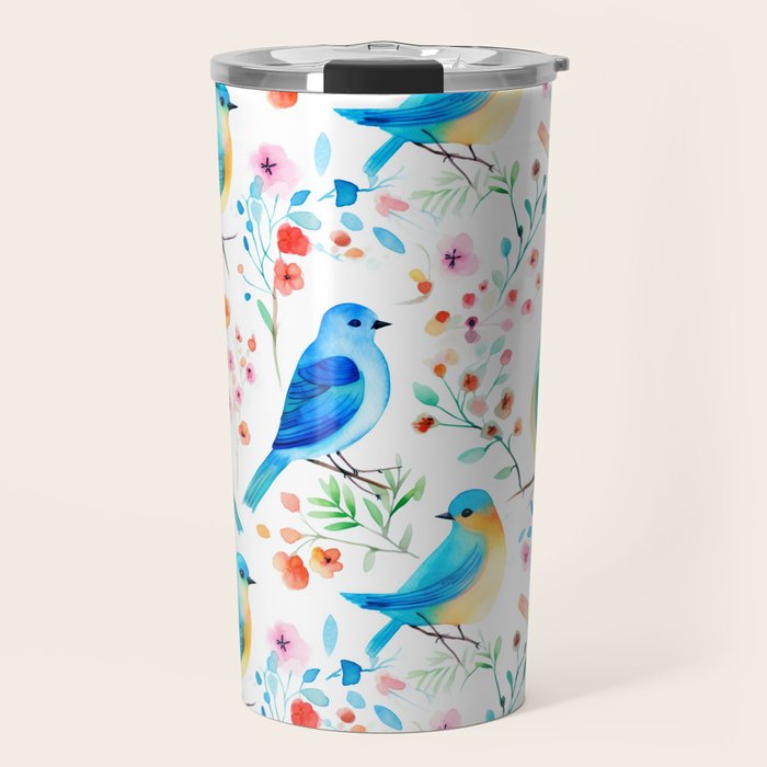 Birds and botanical flowers in a seamless pattern Travel Mug Gallery Image 1