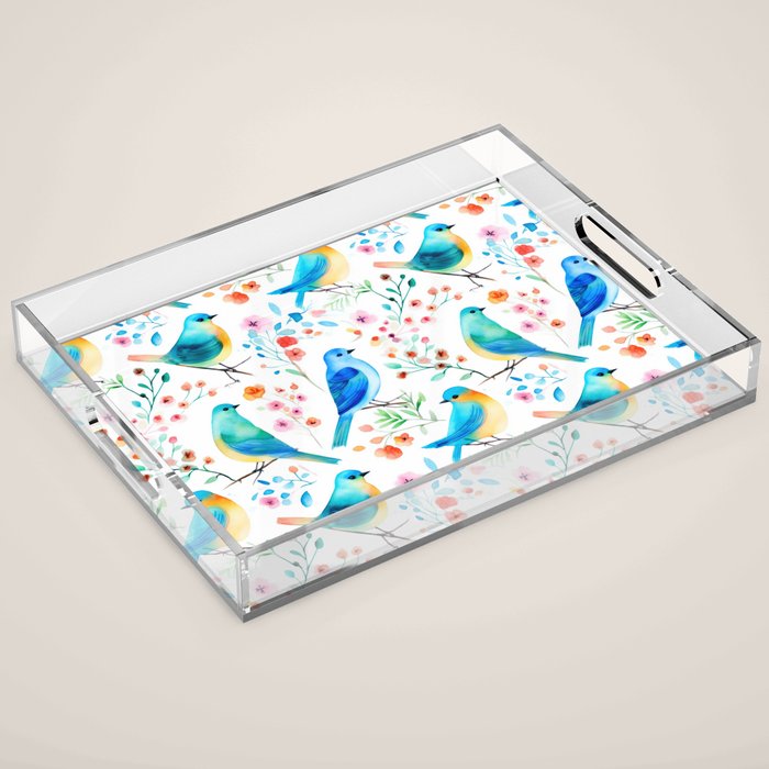 Birds and botanical flowers in a seamless pattern Acrylic Tray Gallery Image 1