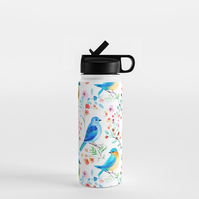 Birds and botanical flowers in a seamless pattern Water Bottle Gallery Image 1