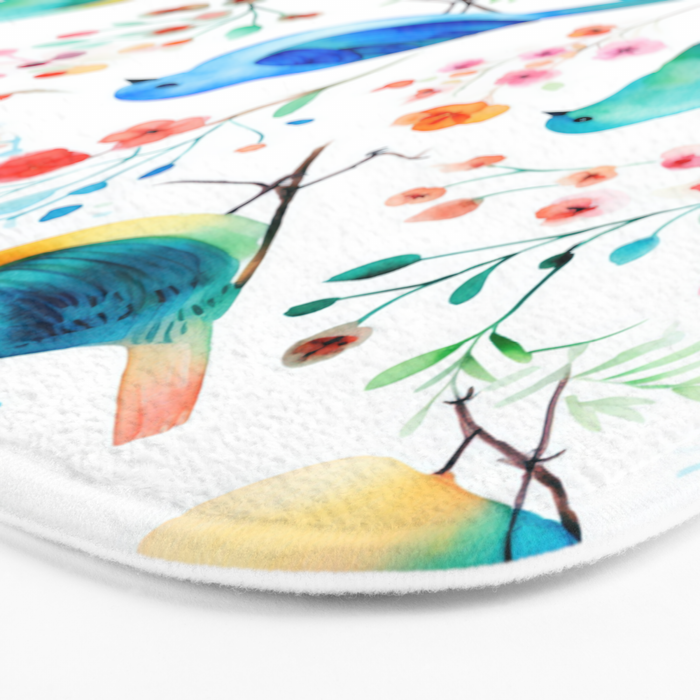 Birds and botanical flowers in a seamless pattern Bath Mat Gallery Image 3