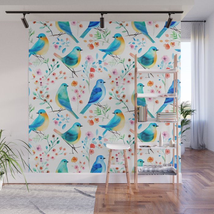 Birds and botanical flowers in a seamless pattern Wall Mural Gallery Image 1