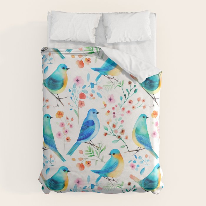 Birds and botanical flowers in a seamless pattern Duvet Cover Gallery Image 6