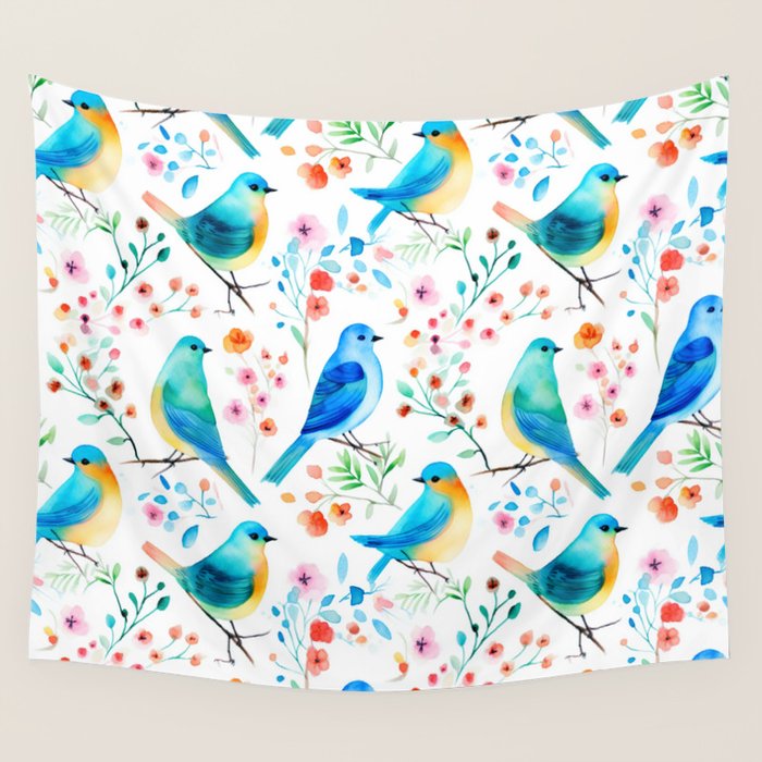 Birds and botanical flowers in a seamless pattern Wall Tapestry Gallery Image 4