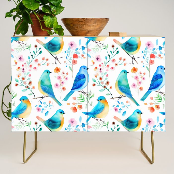 Birds and botanical flowers in a seamless pattern Credenza Gallery Image 1
