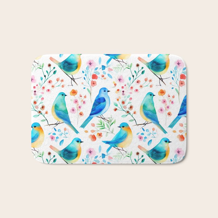 Birds and botanical flowers in a seamless pattern Bath Mat Gallery Image 1