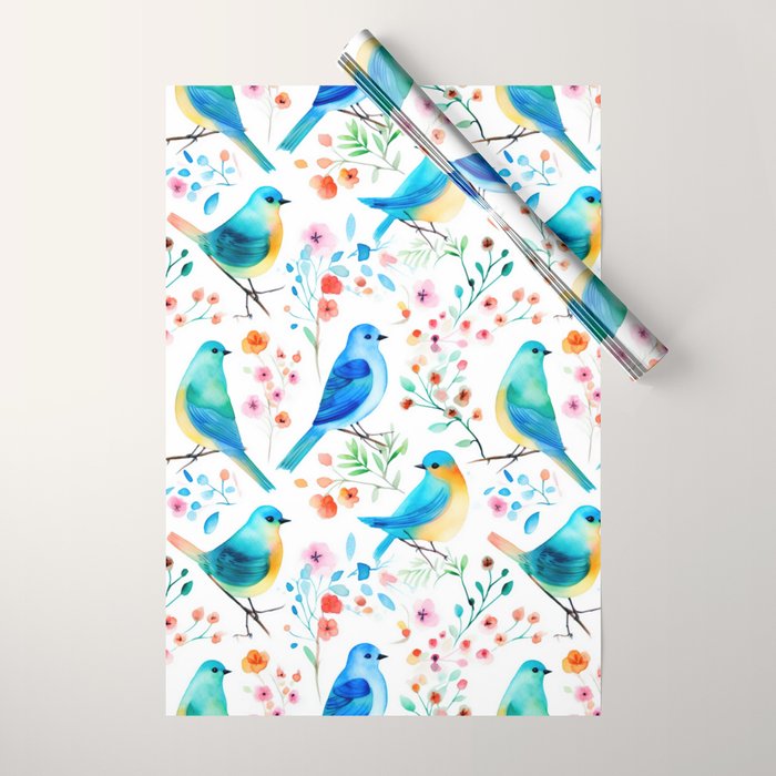 Birds and botanical flowers in a seamless pattern Wrapping Paper Gallery Image 1
