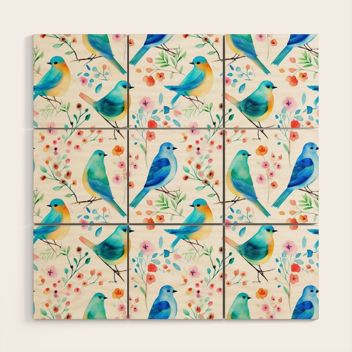 Birds and botanical flowers in a seamless pattern Wood Wall Art Gallery Image 1
