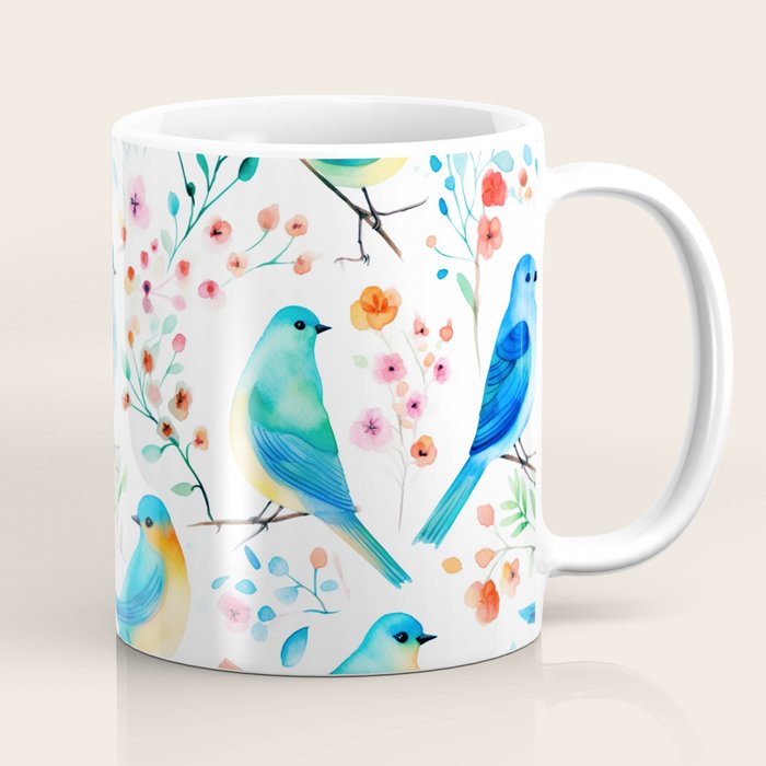 Birds and botanical flowers in a seamless pattern Coffee Mug Gallery Image 1