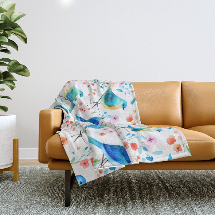 Birds and botanical flowers in a seamless pattern Throw Blanket Gallery Image 1