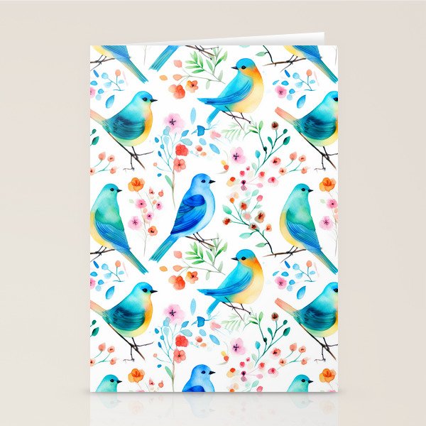 Birds and botanical flowers in a seamless pattern Stationery Card Gallery Image 1