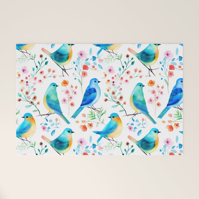 Birds and botanical flowers in a seamless pattern Welcome Mat Gallery Image 1