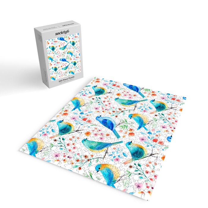 Birds and botanical flowers in a seamless pattern Jigsaw Puzzle Gallery Image 2