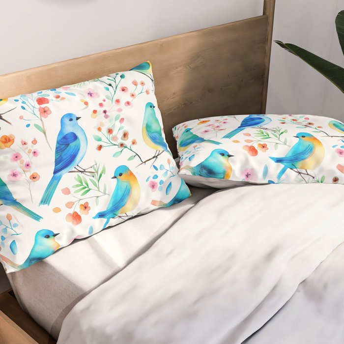 Birds and botanical flowers in a seamless pattern Pillow Sham Gallery Image 2
