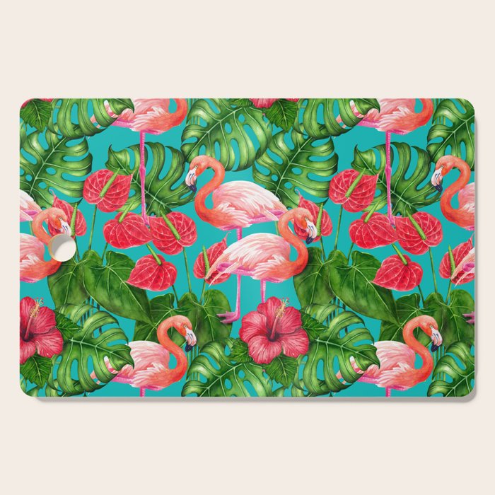 Flamingo birds and tropical garden          watercolor Cutting Board Gallery Image 1