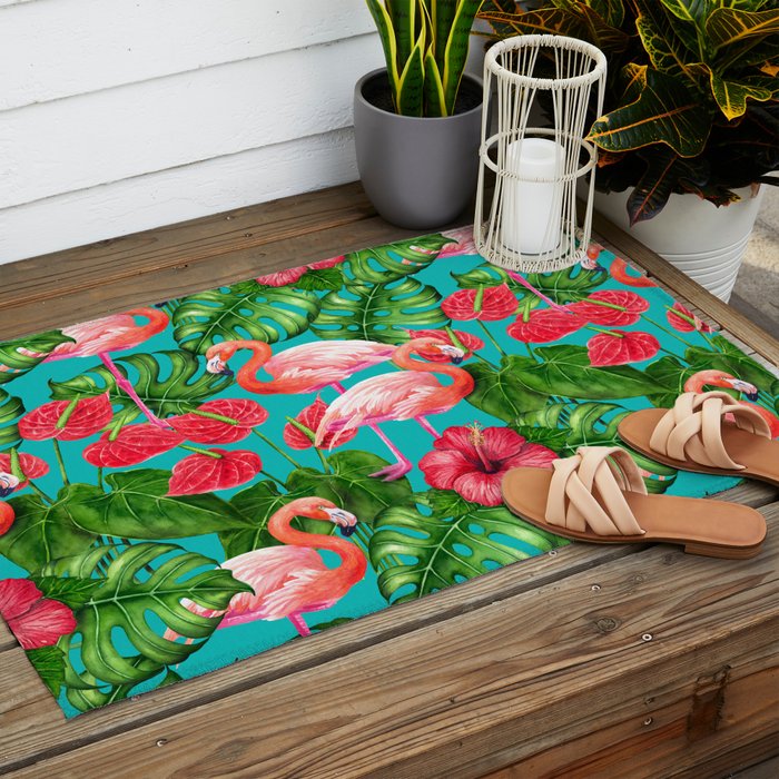 Flamingo birds and tropical garden          watercolor Outdoor Rug Gallery Image 2