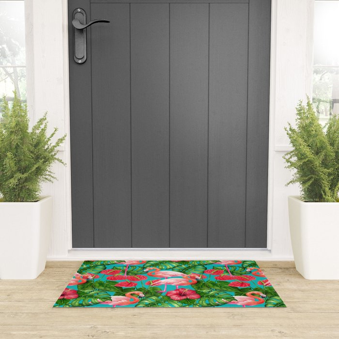Flamingo birds and tropical garden          watercolor Welcome Mat Gallery Image 3