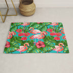 Flamingo birds and tropical garden          watercolor Rug Gallery Image 1