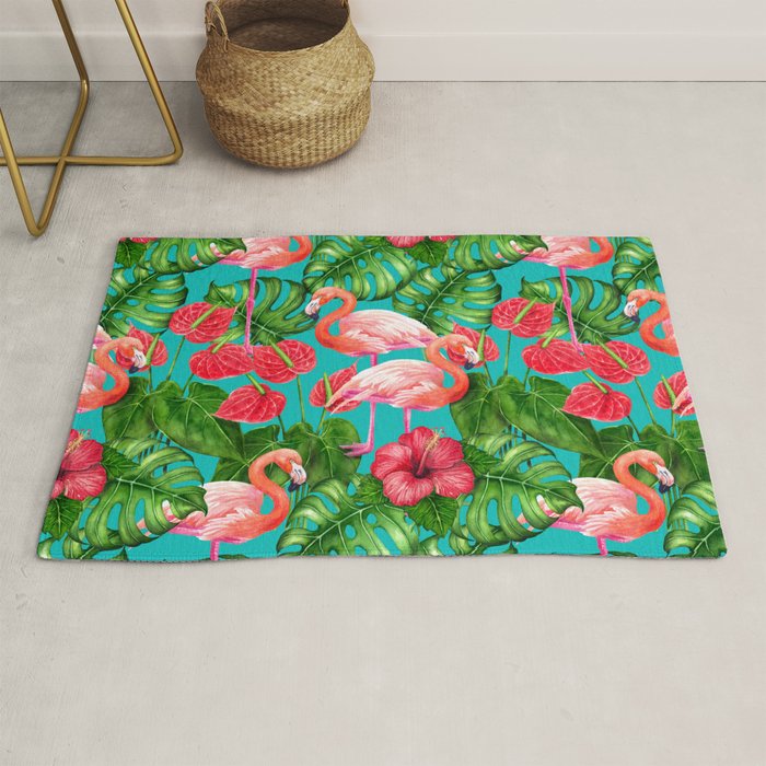 Flamingo birds and tropical garden          watercolor Rug Gallery Image 1