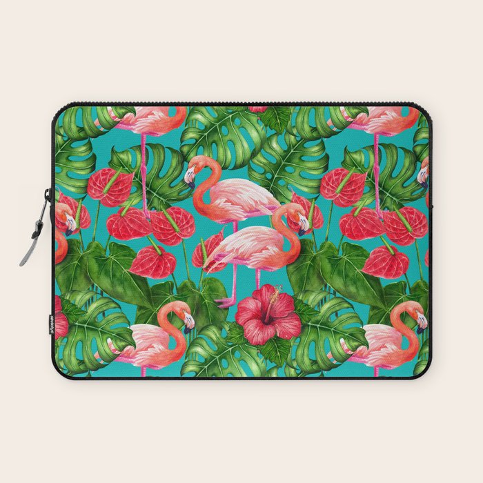 Flamingo birds and tropical garden          watercolor Laptop Sleeve Gallery Image 1