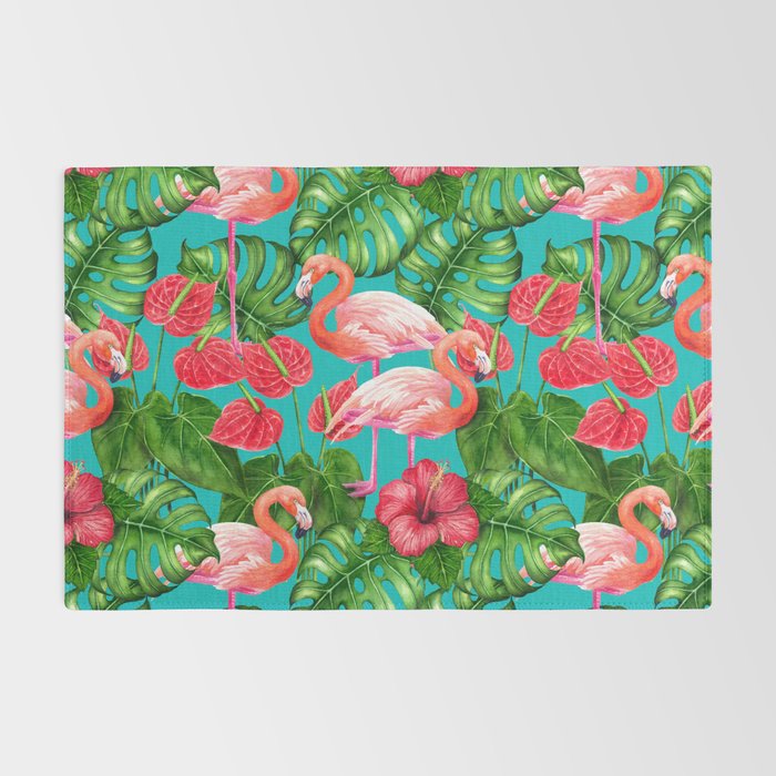 Flamingo birds and tropical garden          watercolor Rug Gallery Image 2