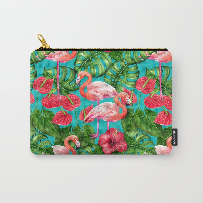 Flamingo birds and tropical garden          watercolor Carry All Pouch Gallery Image 1