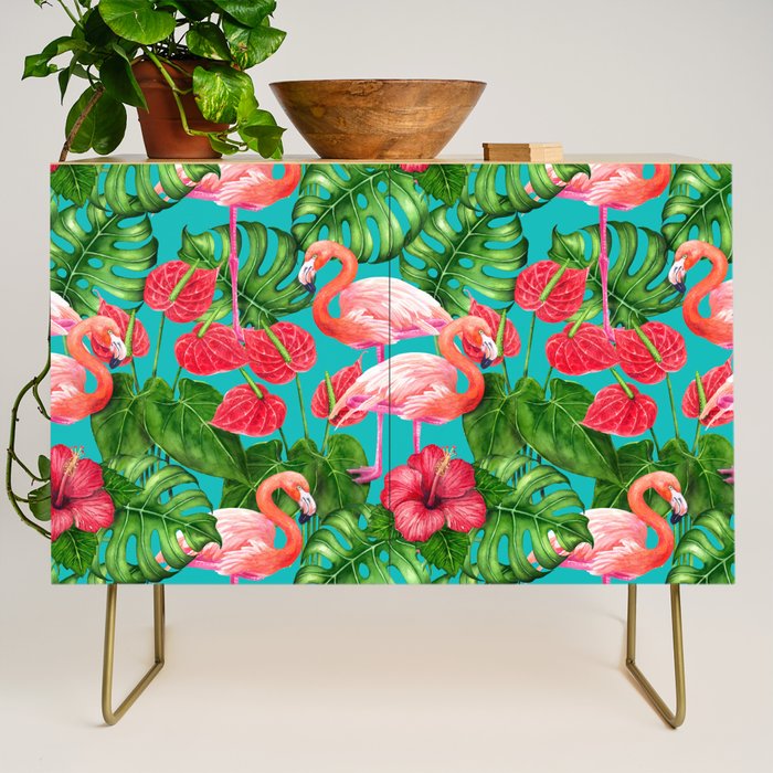 Flamingo birds and tropical garden          watercolor Credenza Gallery Image 1