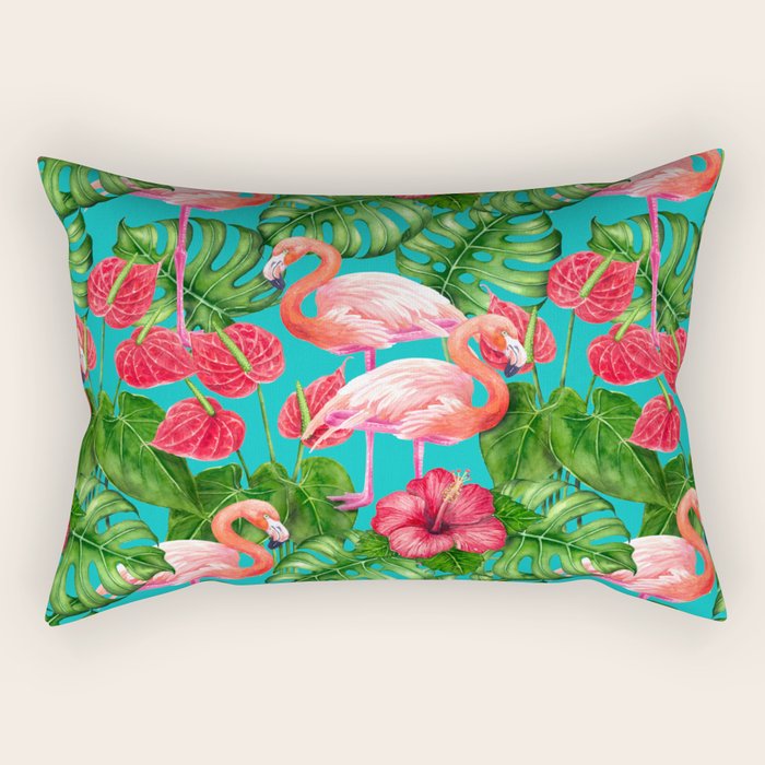 Flamingo birds and tropical garden          watercolor Rectangular Pillow Gallery Image 2