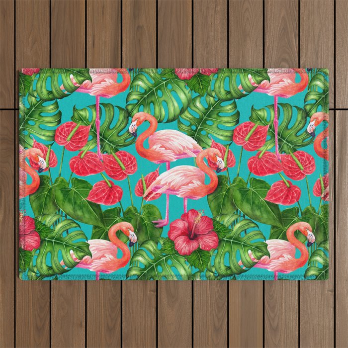 Flamingo birds and tropical garden          watercolor Outdoor Rug Gallery Image 1
