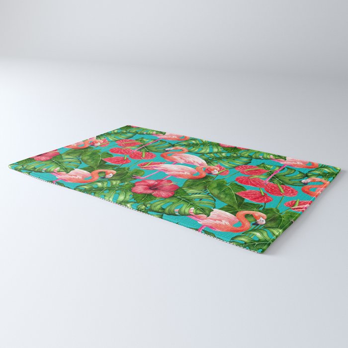 Flamingo birds and tropical garden          watercolor Rug Gallery Image 3