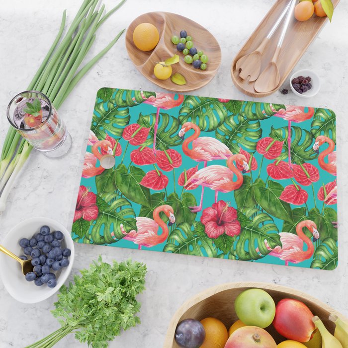 Flamingo birds and tropical garden          watercolor Cutting Board Gallery Image 2