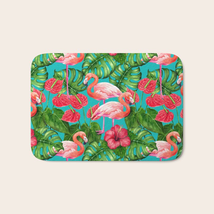 Flamingo birds and tropical garden          watercolor Bath Mat Gallery Image 1