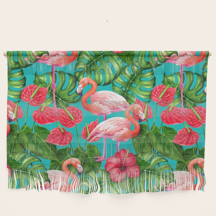 Flamingo birds and tropical garden          watercolor Wall Hanging Gallery Image 1