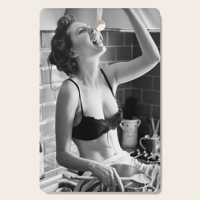 Spaghetti Girl, Black and White Vintage Photograph Cutting Board Gallery Image 1