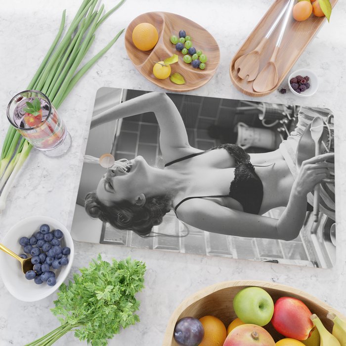 Spaghetti Girl, Black and White Vintage Photograph Cutting Board Gallery Image 2