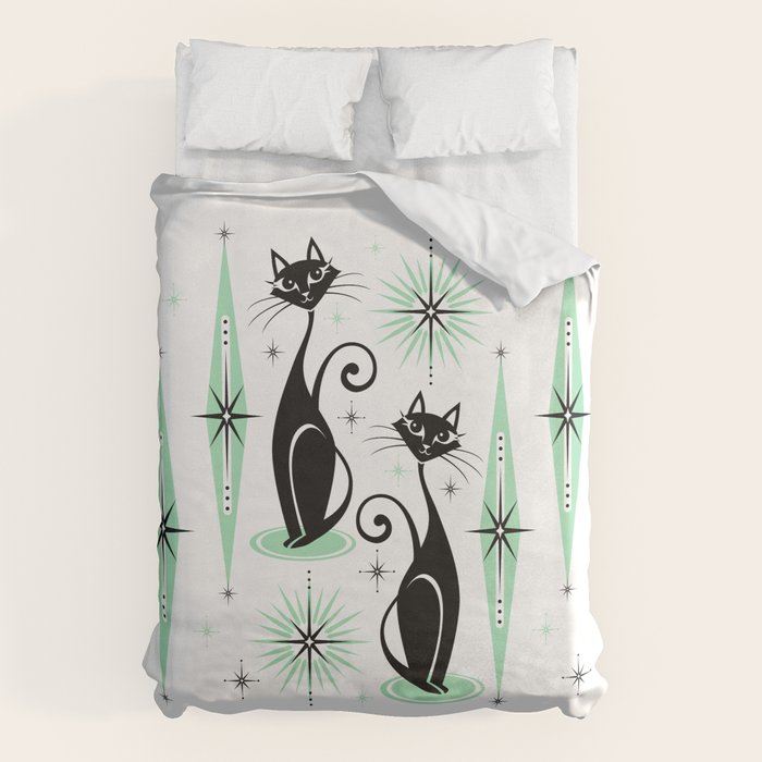 Mid Century Meow Retro Atomic Cats - w/ Mint on White Duvet Cover Gallery Image 1