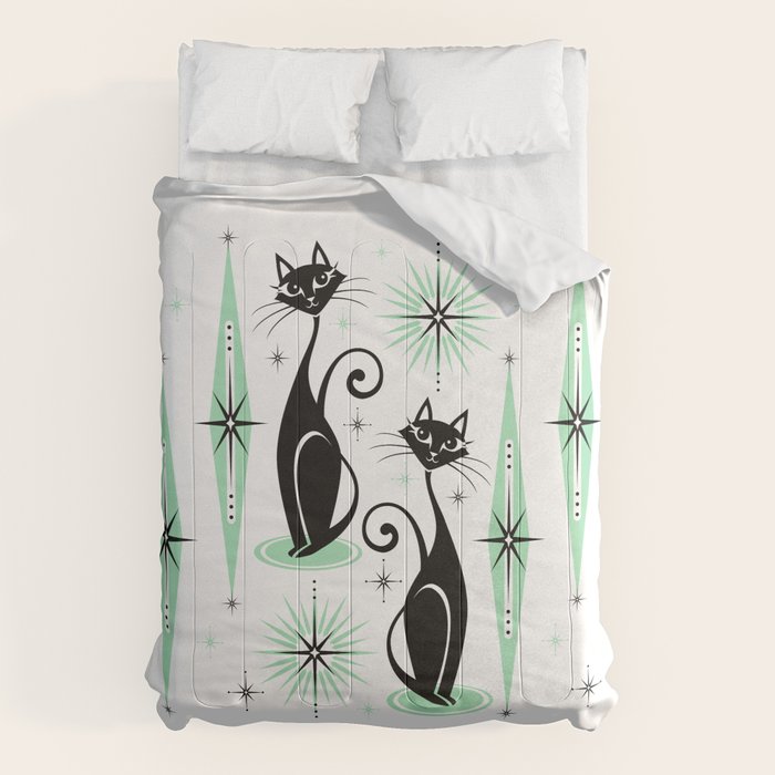 Mid Century Meow Retro Atomic Cats - w/ Mint on White Comforter Gallery Image 6