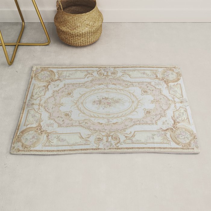 Antique French Aubusson Vintage Rose Floral Rug Gallery Image 1