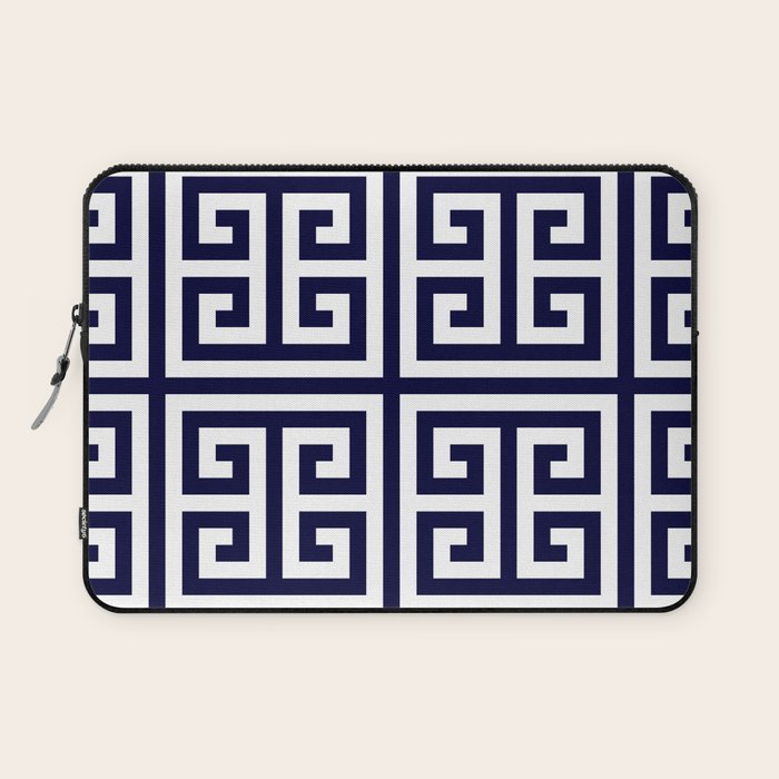 Greek Key Patten White And Navy Blue Laptop Sleeve Gallery Image 1